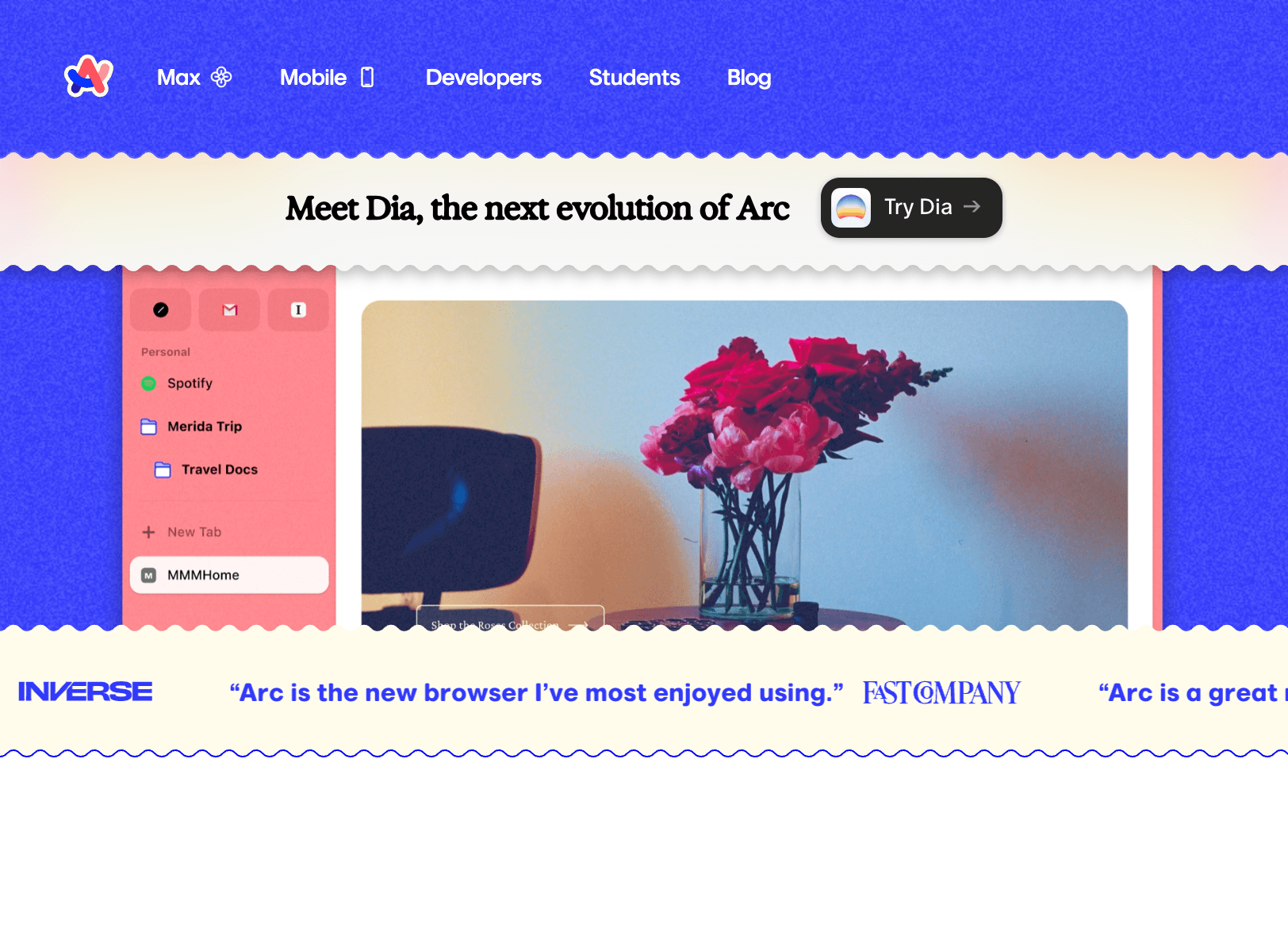 Arc browser sidebar with Personal folders and a tab strip