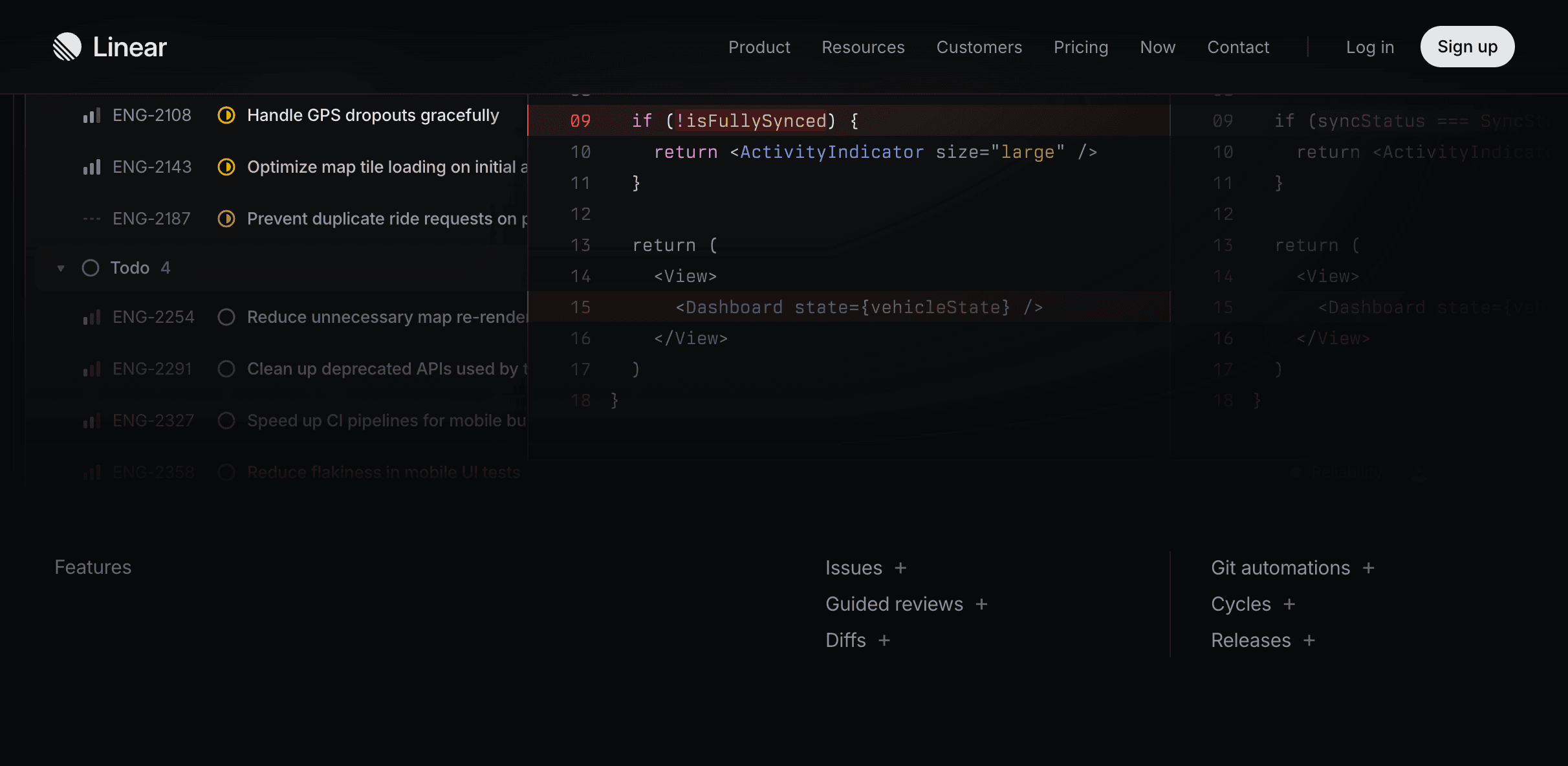 Linear issue list with dense ENG rows and a code overlay
