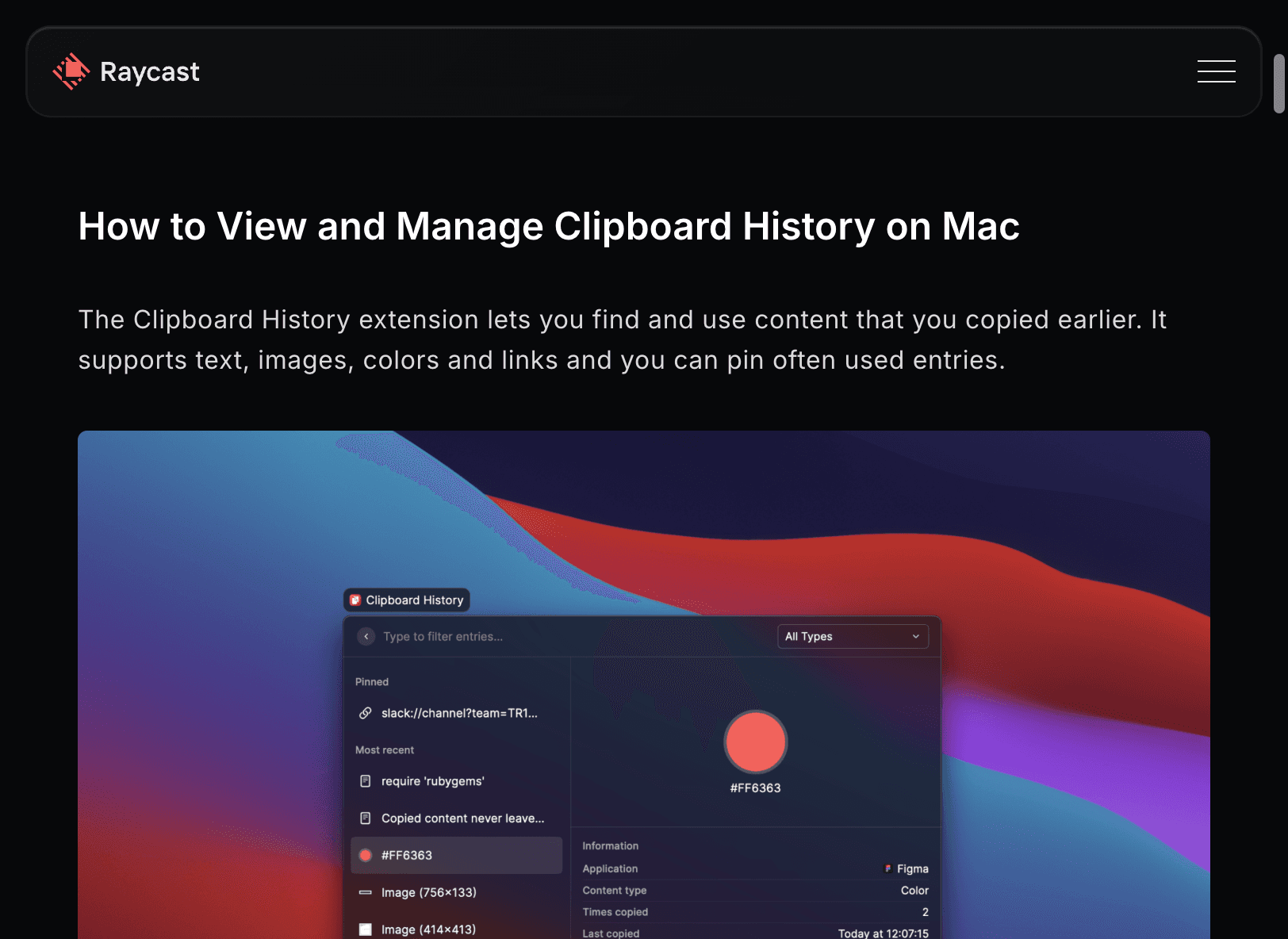 Raycast Clipboard History window with search and result list