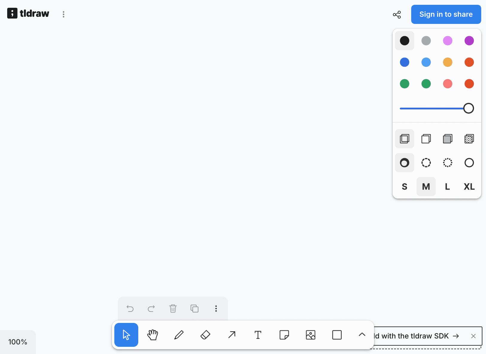 tldraw whiteboard with floating color palette and toolbar